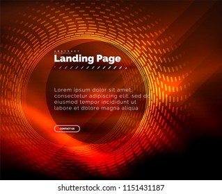 Neon glowing techno lines, hi-tech futuristic abstract background template with circles, landing page template. Vector illustration