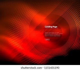 Neon glowing techno lines, hi-tech futuristic abstract background template with circles, landing page template. Vector illustration