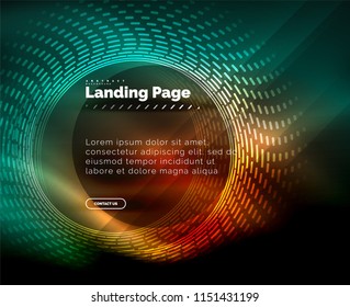 Neon glowing techno lines, hi-tech futuristic abstract background template with circles, landing page template. Vector illustration
