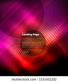 Líneas tecno brillantes neón, plantilla de fondo abstracto de alta tecnología futurista con círculos, plantilla de página de aterrizaje. Ilustración del vector