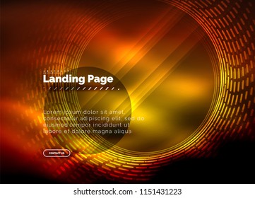 Líneas tecno brillantes neón, plantilla de fondo abstracto de alta tecnología futurista con círculos, plantilla de página de aterrizaje. Ilustración del vector