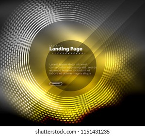 Neon glowing techno lines, hi-tech futuristic abstract background template with circles, landing page template. Vector illustration