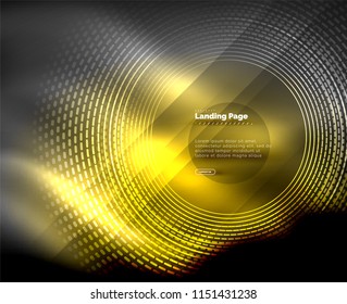 Líneas tecno brillantes neón, plantilla de fondo abstracto de alta tecnología futurista con círculos, plantilla de página de aterrizaje. Ilustración del vector