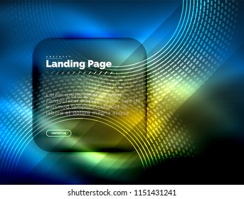 Neon leuchtende Techno-Linien, High-Tech-futuristische abstrakte Hintergrund-Vorlage mit Kreisen, Landing Page Template. Vektorgrafik