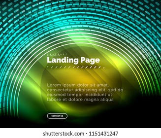 Neon leuchtende Techno-Linien, High-Tech-futuristische abstrakte Hintergrund-Vorlage mit Kreisen, Landing Page Template. Vektorgrafik