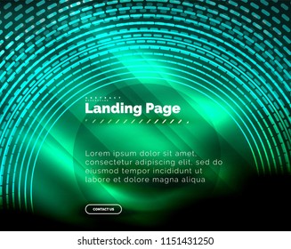 Líneas tecno brillantes neón, plantilla de fondo abstracto de alta tecnología futurista con círculos, plantilla de página de aterrizaje. Ilustración del vector