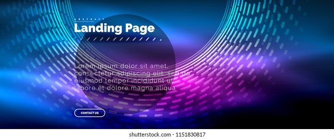 Neon glowing techno lines, hi-tech futuristic abstract background template with circles, landing page template. Vector illustration