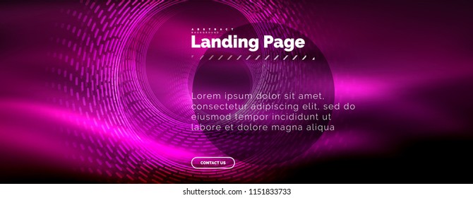 Neon glowing techno lines, hi-tech futuristic abstract background template with circles, landing page template. Vector illustration