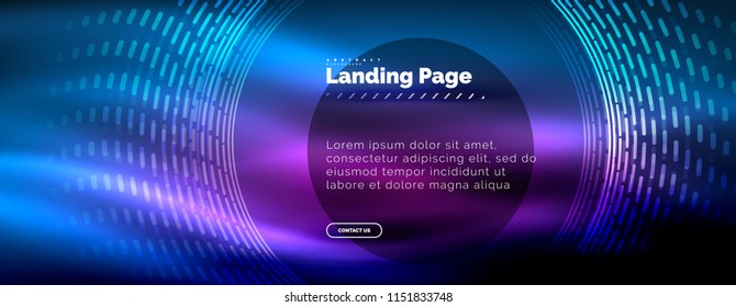Líneas tecno brillantes neón, plantilla de fondo abstracto de alta tecnología futurista con círculos, plantilla de página de aterrizaje. Ilustración del vector