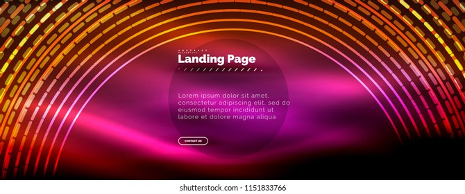 Neon glowing techno lines, hi-tech futuristic abstract background template with circles, landing page template. Vector illustration