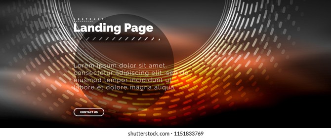 Neon linhas de tecno brilhantes, modelo de fundo abstrato futurista de alta tecnologia com círculos, modelo de página de aterrissagem. Ilustração vetorial