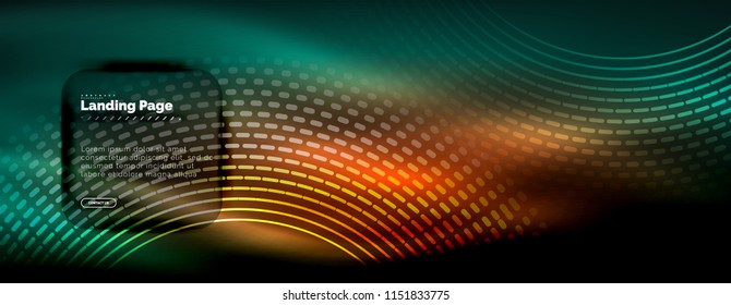 Neon glowing techno lines, hi-tech futuristic abstract background template with circles, landing page template. Vector illustration