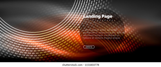 Neon glowing techno lines, hi-tech futuristic abstract background template with circles, landing page template. Vector illustration