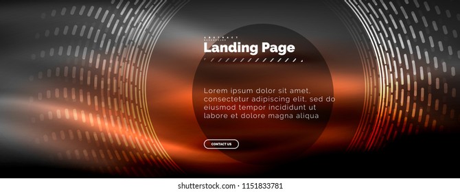Neon glowing techno lines, hi-tech futuristic abstract background template with circles, landing page template. Vector illustration