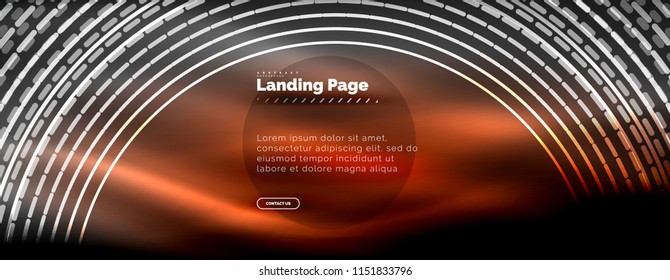 Líneas tecno brillantes neón, plantilla de fondo abstracto de alta tecnología futurista con círculos, plantilla de página de aterrizaje. Ilustración del vector