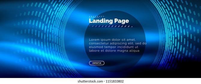 Neon glowing techno lines, hi-tech futuristic abstract background template with circles, landing page template. Vector illustration