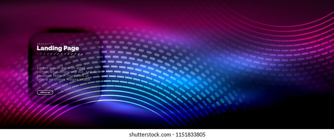 Neon glowing techno lines, hi-tech futuristic abstract background template with circles, landing page template. Vector illustration