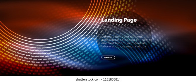 Líneas tecno brillantes neón, plantilla de fondo abstracto de alta tecnología futurista con círculos, plantilla de página de aterrizaje. Ilustración del vector
