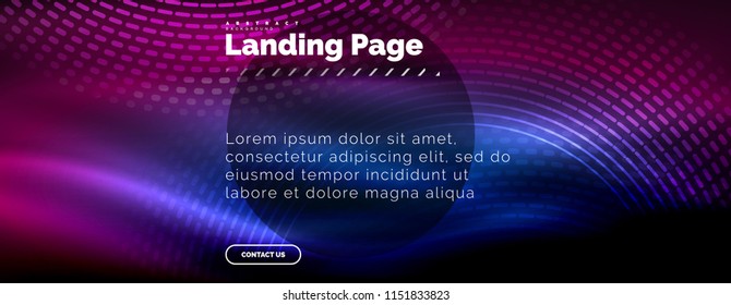 Neon glowing techno lines, hi-tech futuristic abstract background template with circles, landing page template. Vector illustration