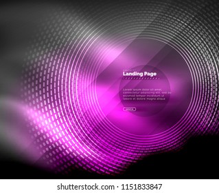 Líneas tecno brillantes neón, plantilla de fondo abstracto de alta tecnología futurista con círculos, plantilla de página de aterrizaje. Ilustración del vector