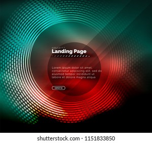 Neon glowing techno lines, hi-tech futuristic abstract background template with circles, landing page template. Vector illustration