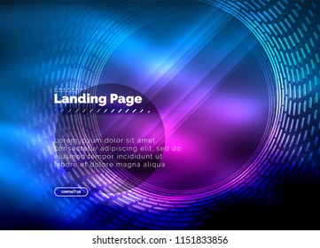 Neon glowing techno lines, hi-tech futuristic abstract background template with circles, landing page template. Vector illustration
