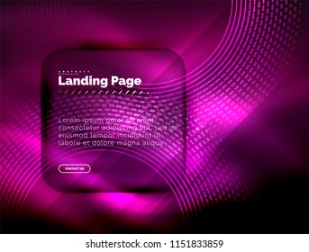 Neon glowing techno lines, hi-tech futuristic abstract background template with circles, landing page template. Vector illustration