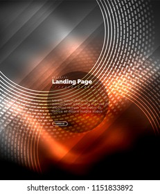 Neon glowing techno lines, hi-tech futuristic abstract background template with circles, landing page template. Vector illustration
