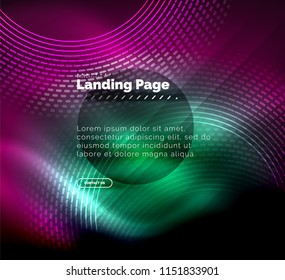 Líneas tecno brillantes neón, plantilla de fondo abstracto de alta tecnología futurista con círculos, plantilla de página de aterrizaje. Ilustración del vector