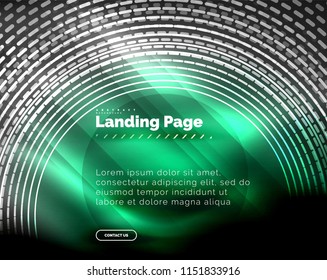 Líneas tecno brillantes neón, plantilla de fondo abstracto de alta tecnología futurista con círculos, plantilla de página de aterrizaje. Ilustración del vector