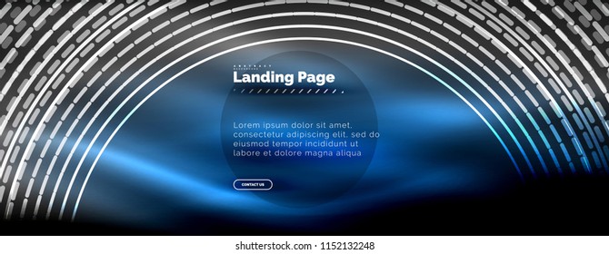Neon glowing techno lines, hi-tech futuristic abstract background template with circles, landing page template. Vector illustration