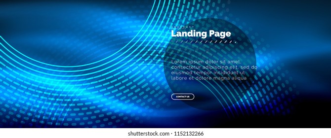 Neon glowing techno lines, hi-tech futuristic abstract background template with circles, landing page template. Vector illustration