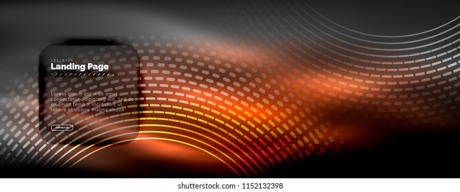 Neon glowing techno lines, hi-tech futuristic abstract background template with circles, landing page template. Vector illustration