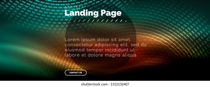 Neon glowing techno lines, hi-tech futuristic abstract background template with circles, landing page template. Vector illustration