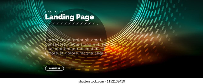 Neon glowing techno lines, hi-tech futuristic abstract background template with circles, landing page template. Vector illustration