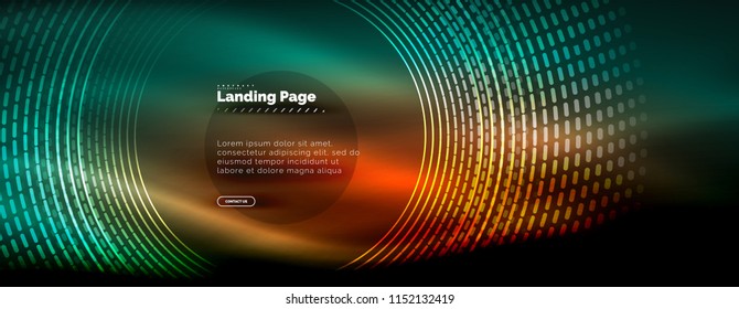 Neon glowing techno lines, hi-tech futuristic abstract background template with circles, landing page template. Vector illustration