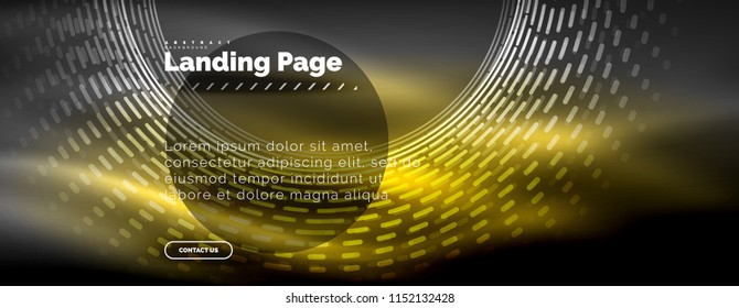 Líneas tecno brillantes neón, plantilla de fondo abstracto de alta tecnología futurista con círculos, plantilla de página de aterrizaje. Ilustración del vector