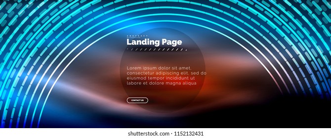 Neon glowing techno lines, hi-tech futuristic abstract background template with circles, landing page template. Vector illustration