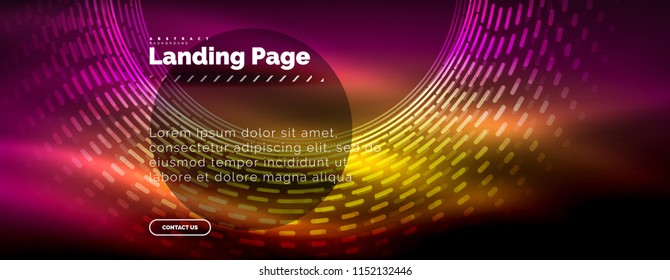 Neon glowing techno lines, hi-tech futuristic abstract background template with circles, landing page template. Vector illustration