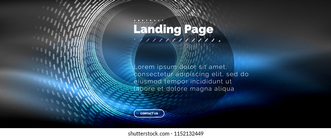 Neon glowing techno lines, hi-tech futuristic abstract background template with circles, landing page template. Vector illustration