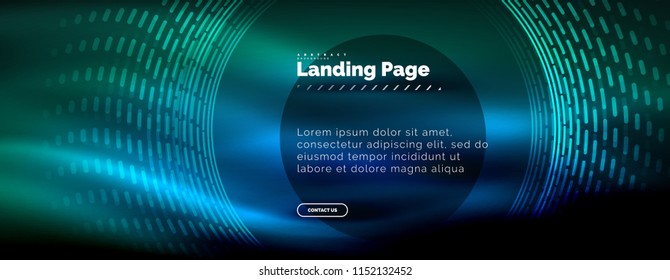 Líneas tecno brillantes neón, plantilla de fondo abstracto de alta tecnología futurista con círculos, plantilla de página de aterrizaje. Ilustración del vector