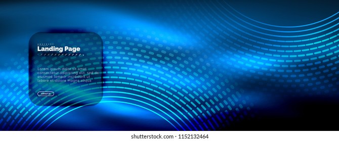 Neon glowing techno lines, hi-tech futuristic abstract background template with circles, landing page template. Vector illustration