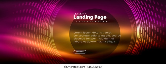 Neon glowing techno lines, hi-tech futuristic abstract background template with circles, landing page template. Vector illustration
