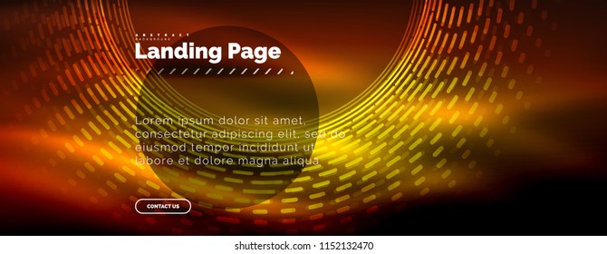 Neon glowing techno lines, hi-tech futuristic abstract background template with circles, landing page template. Vector illustration