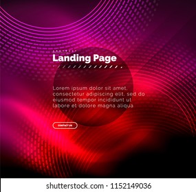 Neon glowing techno lines, hi-tech futuristic abstract background template with circles, landing page template. Vector illustration