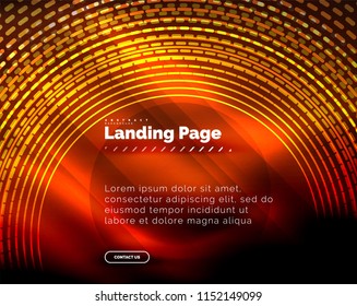 Neon glowing techno lines, hi-tech futuristic abstract background template with circles, landing page template. Vector illustration