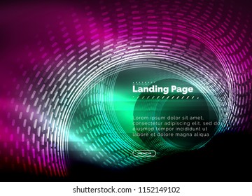 Neon glowing techno lines, hi-tech futuristic abstract background template with circles, landing page template. Vector illustration