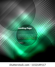 Neon glowing techno lines, hi-tech futuristic abstract background template with circles, landing page template. Vector illustration