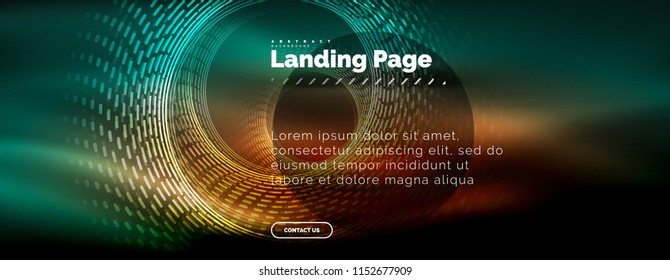 Líneas tecno brillantes neón, plantilla de fondo abstracto de alta tecnología futurista con círculos, plantilla de página de aterrizaje. Ilustración del vector