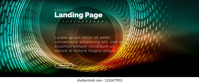 Neon glowing techno lines, hi-tech futuristic abstract background template with circles, landing page template. Vector illustration